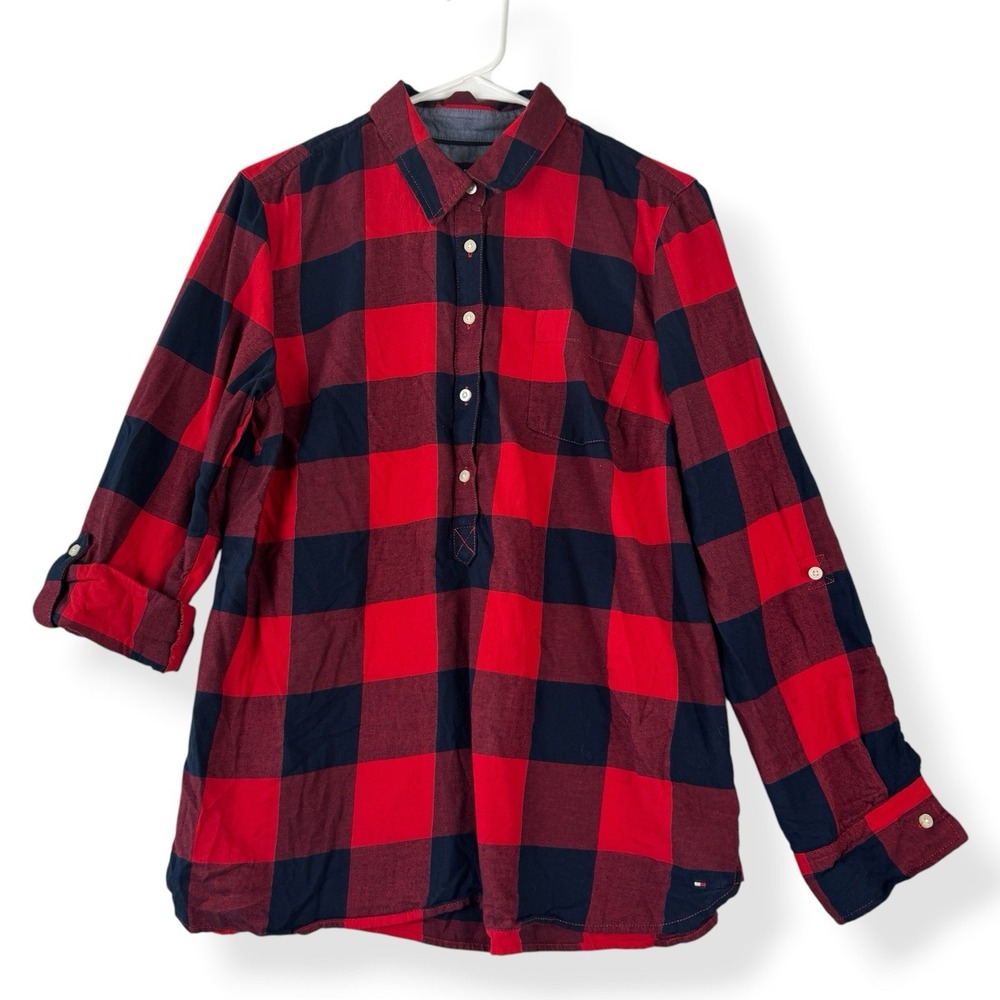 Tommy Hilfiger Button Down Shirt Women L Large Red Blue Plaid Roll Tab Sleeves